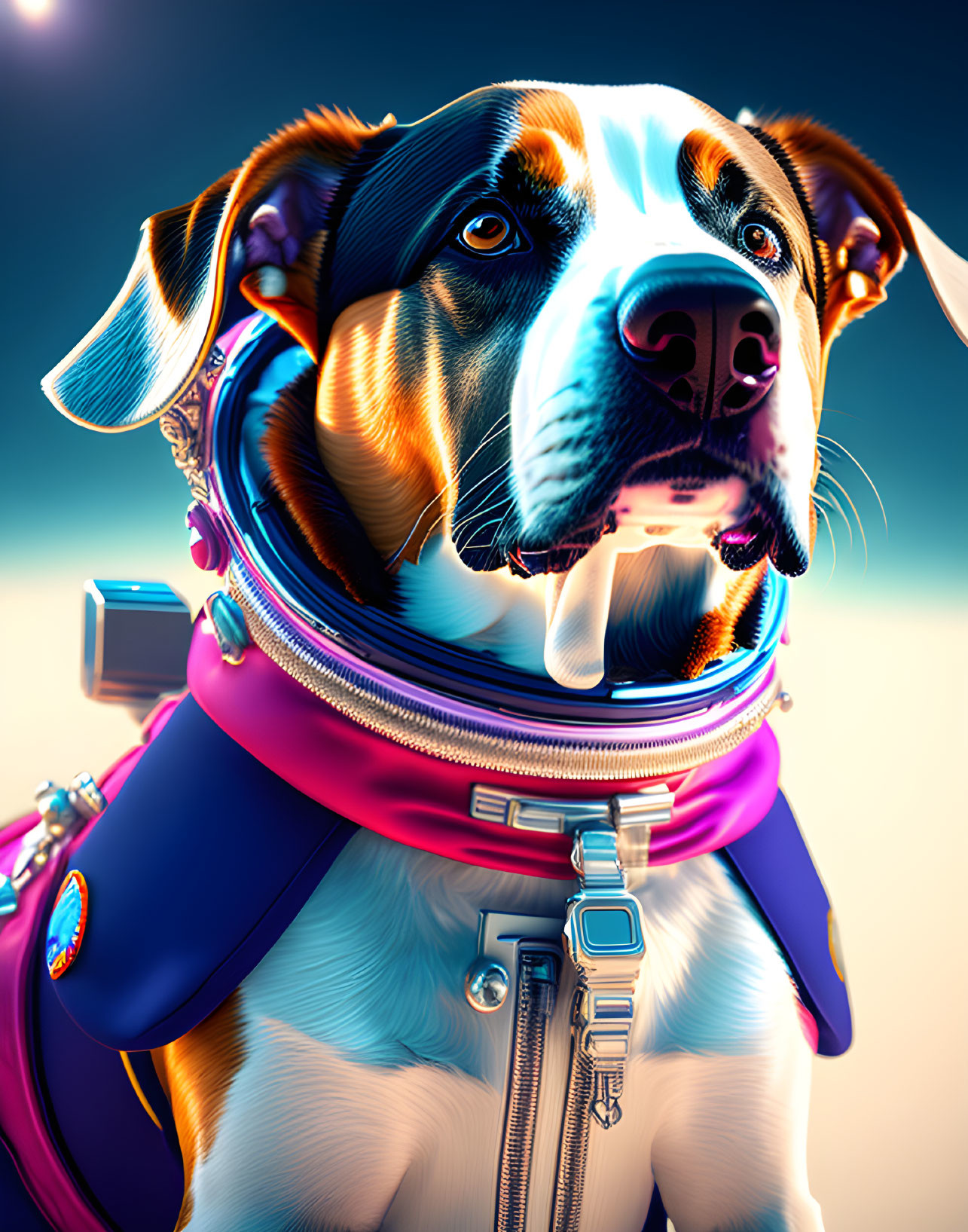 Digital artwork: Dog in astronaut suit on gradient background