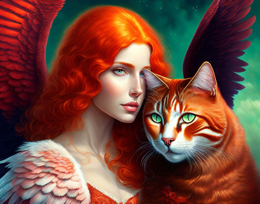 Digital artwork featuring woman with angelic wings and red hair with orange tabby cat.