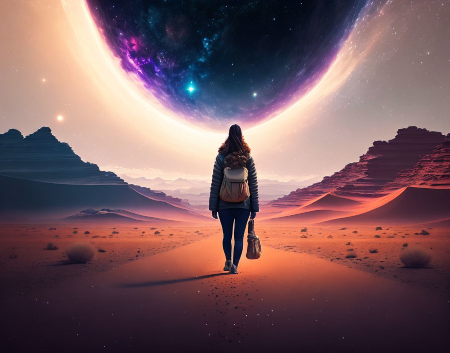 Person standing on desert path under surreal star-filled sky bend around otherworldly horizon