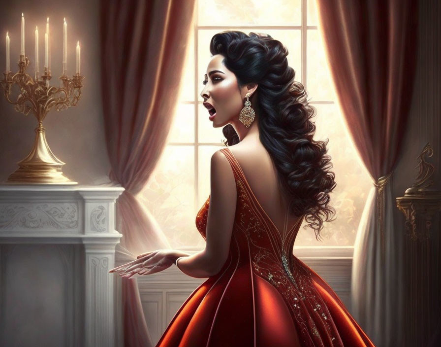 Illustrated woman in red dress by window with sunlight, surprised or singing, beside candelabra