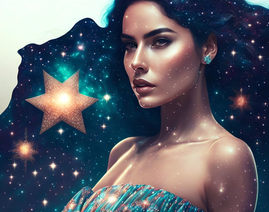 Digital artwork of woman with cosmic hair on star-studded background