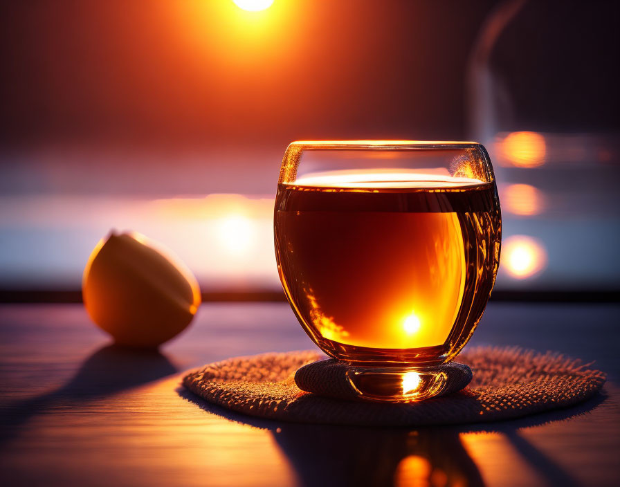 Glass of tea on coaster with lemon half in warm sunset light