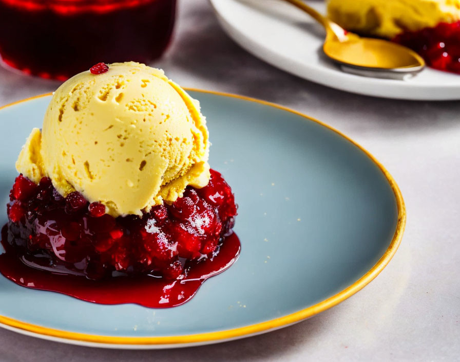 Vanilla Ice Cream on Red Berry Compote Plate with Spoon