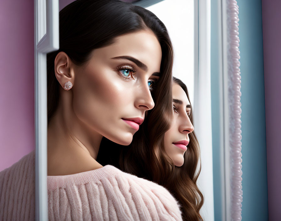 Blue-eyed woman in mirror with brown hair, pink sweater, diamond earring