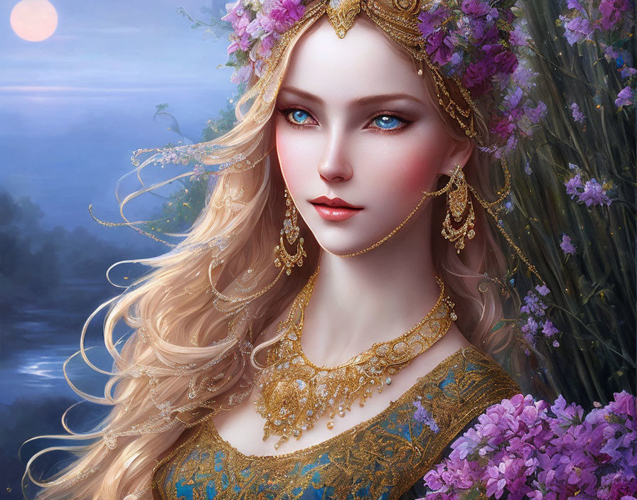 Ethereal woman with golden hair and floral crown in twilight setting