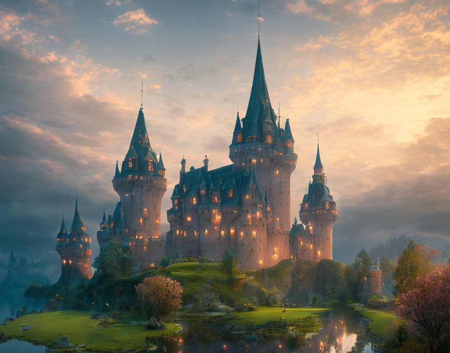 Majestic castle with spires and glowing windows in natural setting