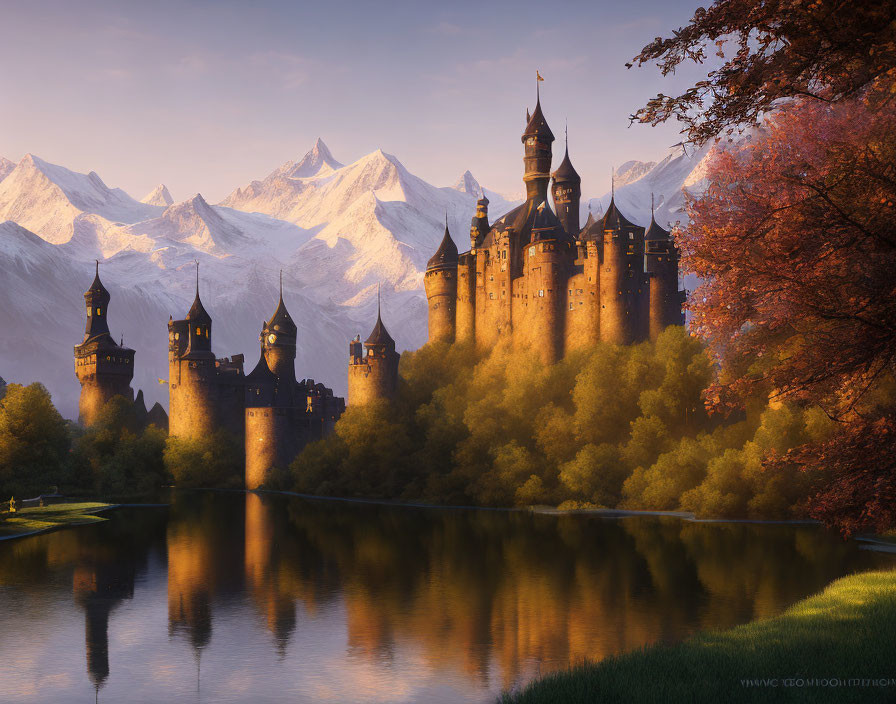 Majestic castle with spires near tranquil lake and snowy mountains at sunrise or sunset