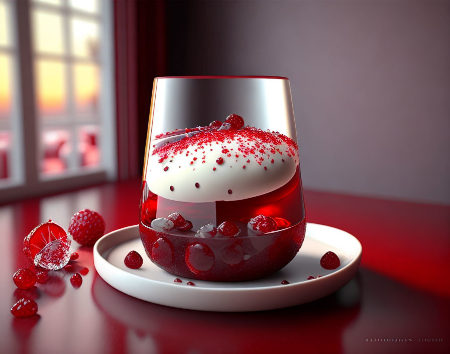 Layered White and Red Dessert with Berries in Glass by Window with Red Curtains