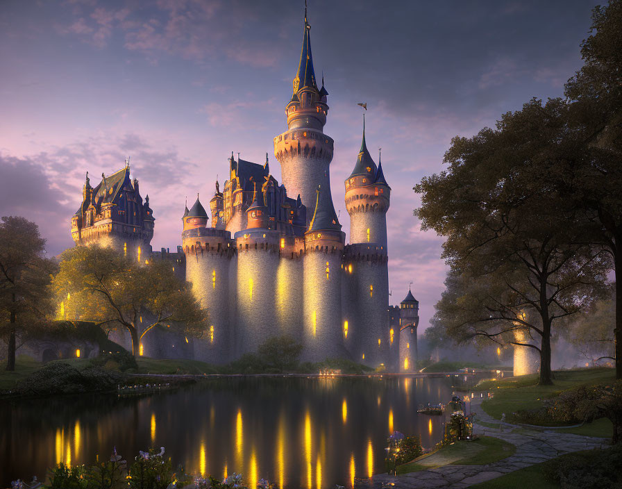 Illuminated fairy-tale castle reflected in tranquil lake at dusk