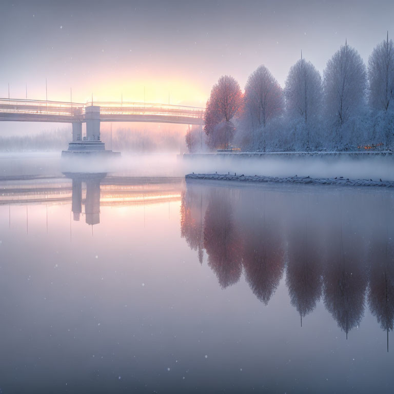 Tranquil winter scene: bridge, calm river, frost-covered trees, pastel sunrise