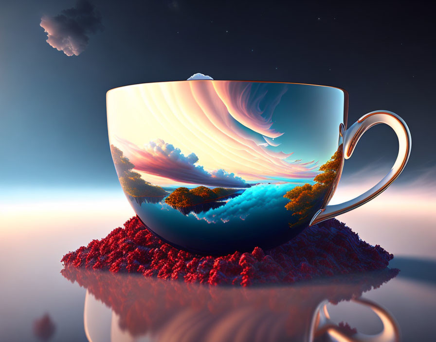 Surreal large teacup with vibrant landscape on red surface