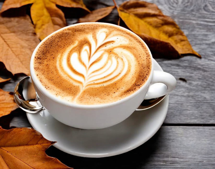 Artful foam design latte in white cup with autumn leaves on dark wooden table