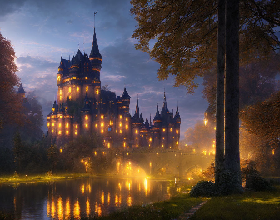 Enchanting castle at dusk reflected in tranquil lake with stone bridge, amidst autumnal forest