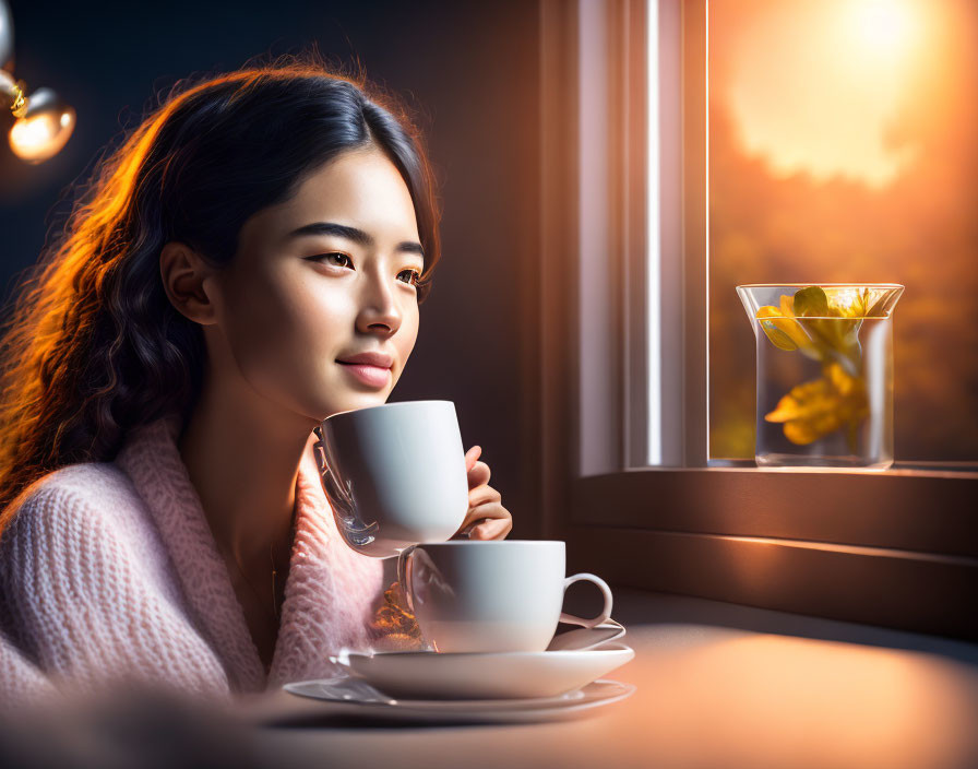 Woman in pink sweater with mug by window and flowers in warm sunlight