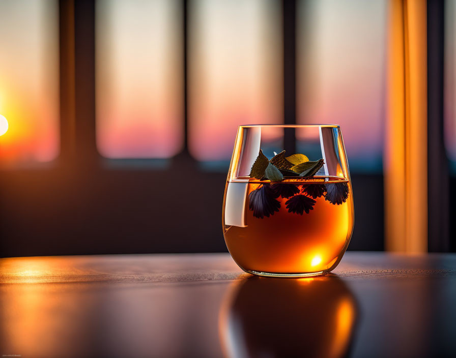 Amber liquid with ice and mint leaves in warm sunset glow