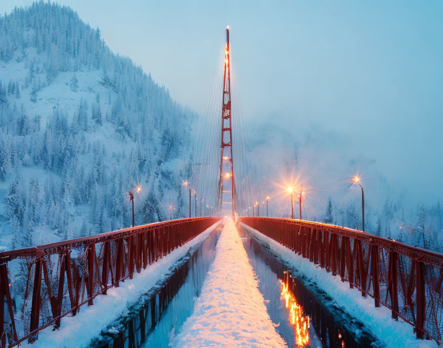 Snow-covered red suspension bridge in wintry mountain setting at dusk