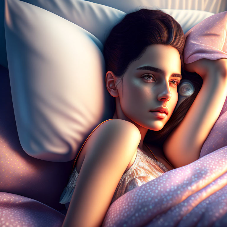 Digital art: Woman in bed with sunlight, arm under pillow, contemplative expression