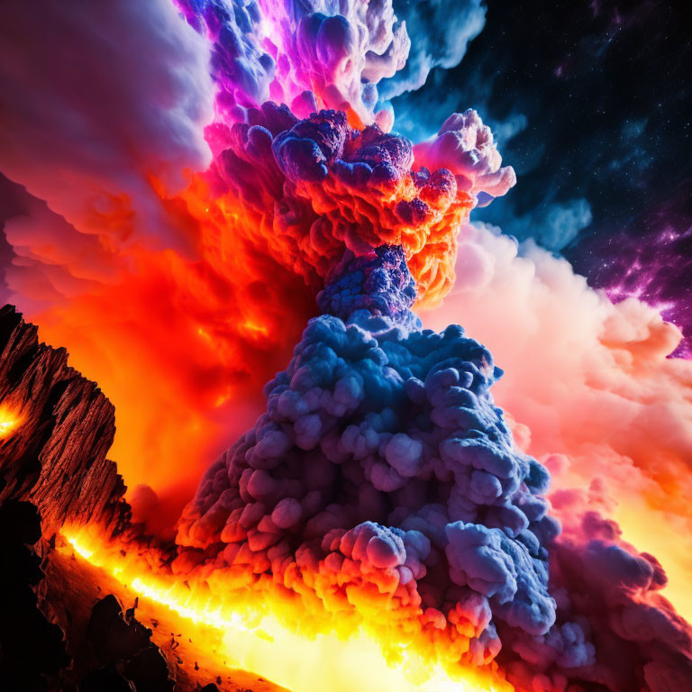 Vivid volcanic eruption in orange, purple, and blue hues