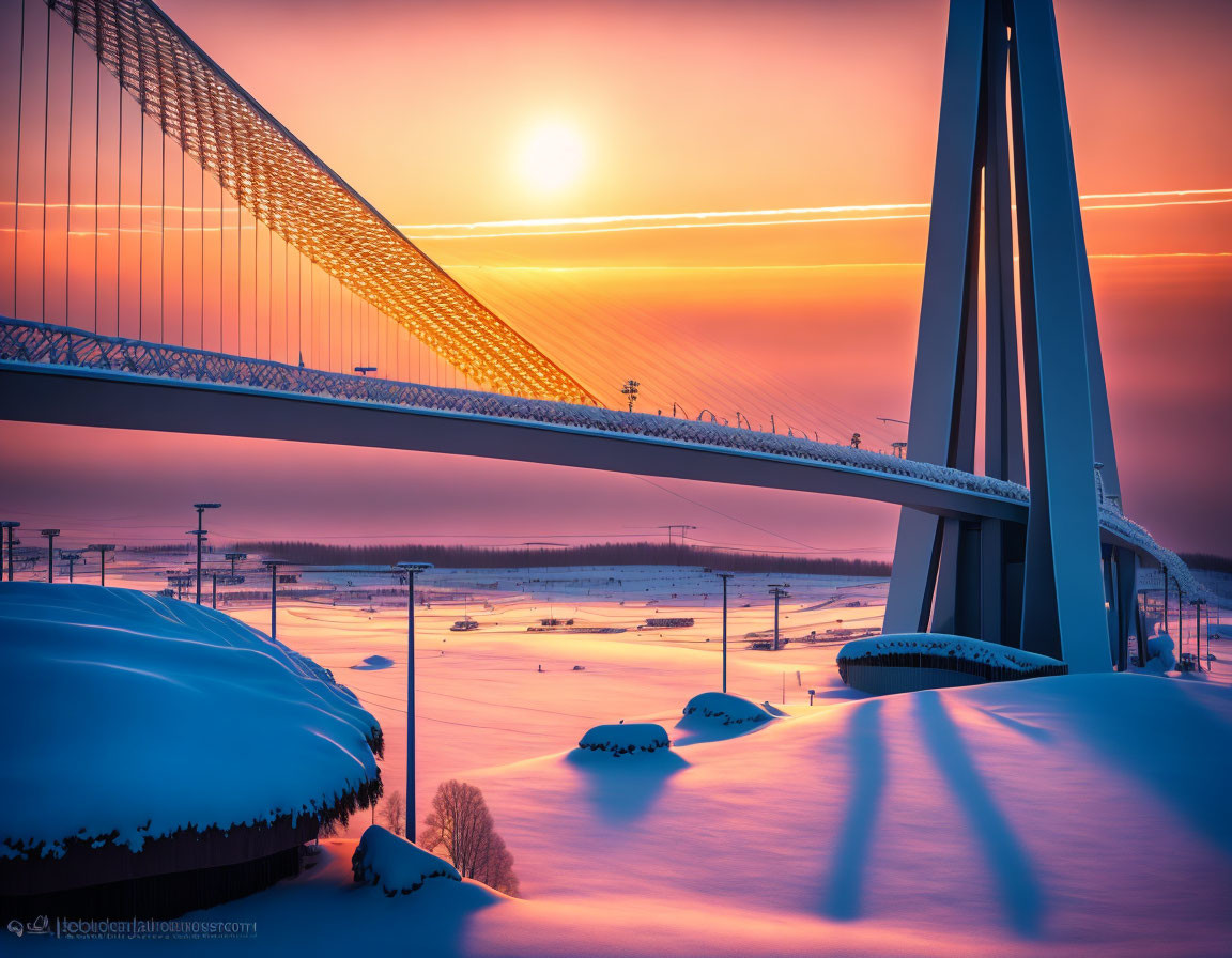 Winter sunset scene with modern bridge over snow-covered landscape