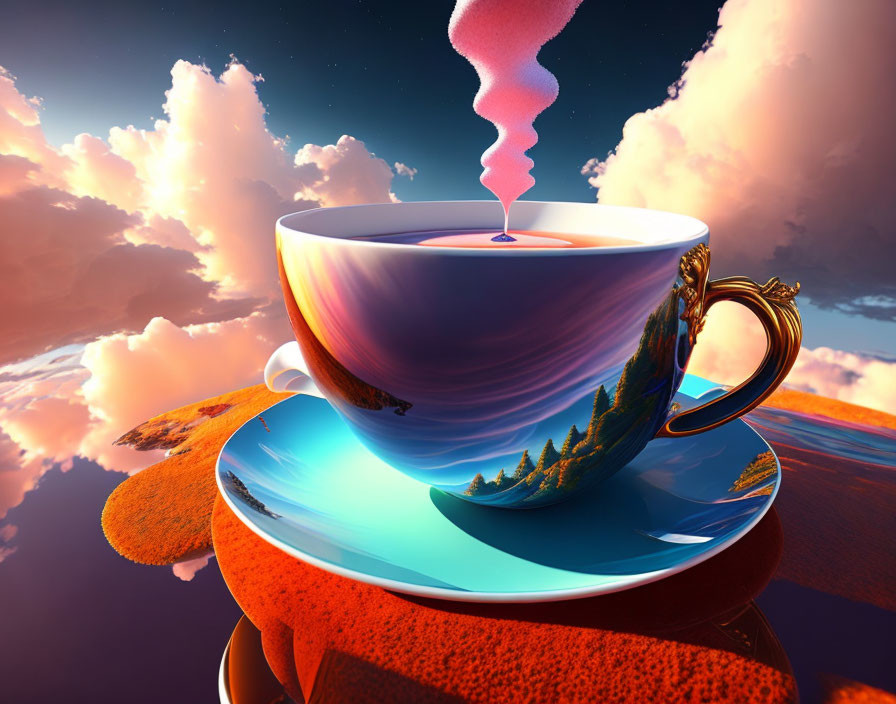 Surreal cup and saucer with mountain landscape and dramatic sky