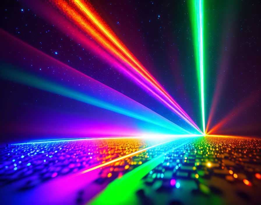 Multicolored Light Beams on Neon Surface under Starry Sky