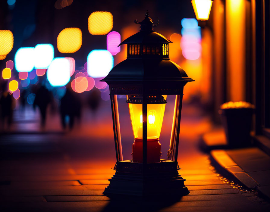 Traditional Lantern Close-Up with Warm Glow Against Colorful City Lights