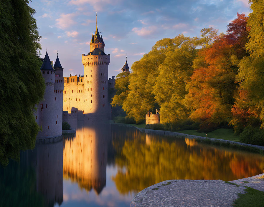 Fairytale castle with spires by tranquil river and autumn trees