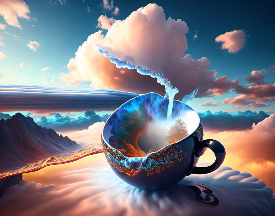 Ornate cup floating in clouds with heart-shaped vapor on vibrant sunset sky