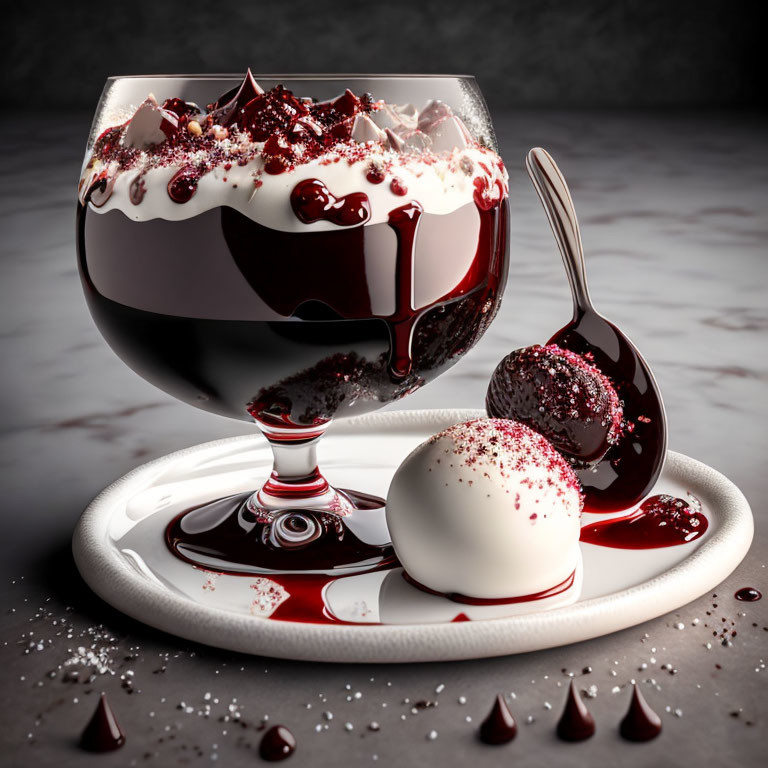 Decadent layered chocolate dessert with white chocolate ball and red sauce