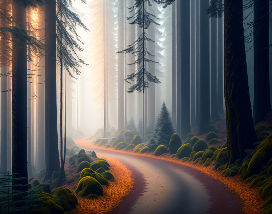 Sunlit forest road through towering trees in misty landscape