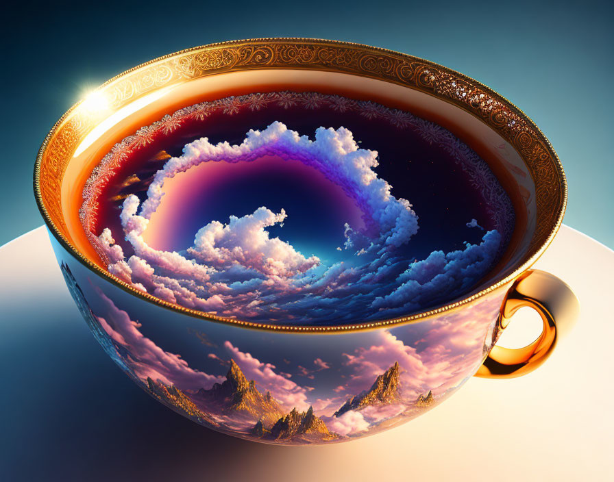 Surreal coffee cup with sky, mountains, and gradient background