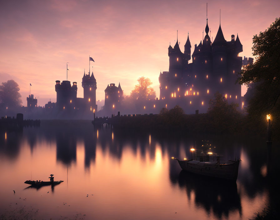 Grand castle and serene lake at dusk with glowing lights and rowboat