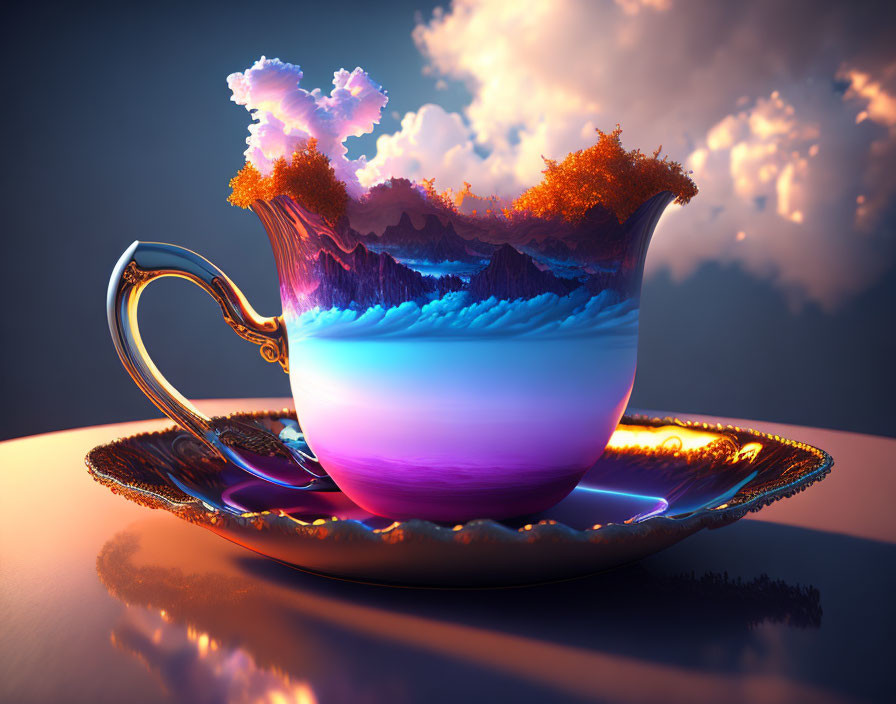 Surreal porcelain teacup with landscape scene - mountains, trees, dramatic sky