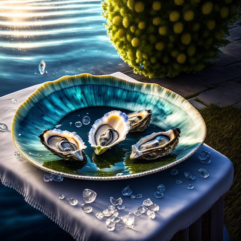 Fresh oysters on blue plate with ice, outdoors by water with sunlight reflections