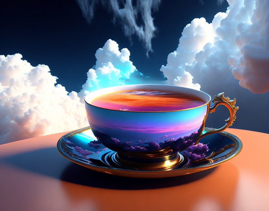 Teacup with vibrant sunset reflection on surface