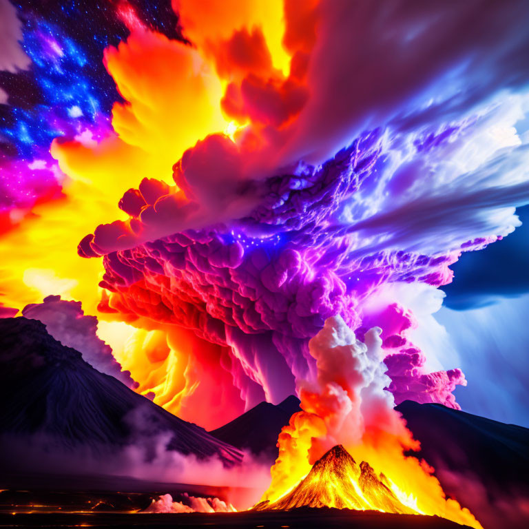 Dramatic volcanic eruption at night with starry sky backdrop