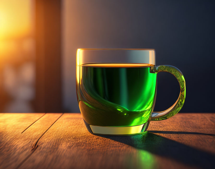 Transparent Green Cup with Tea on Wooden Surface at Dawn or Dusk