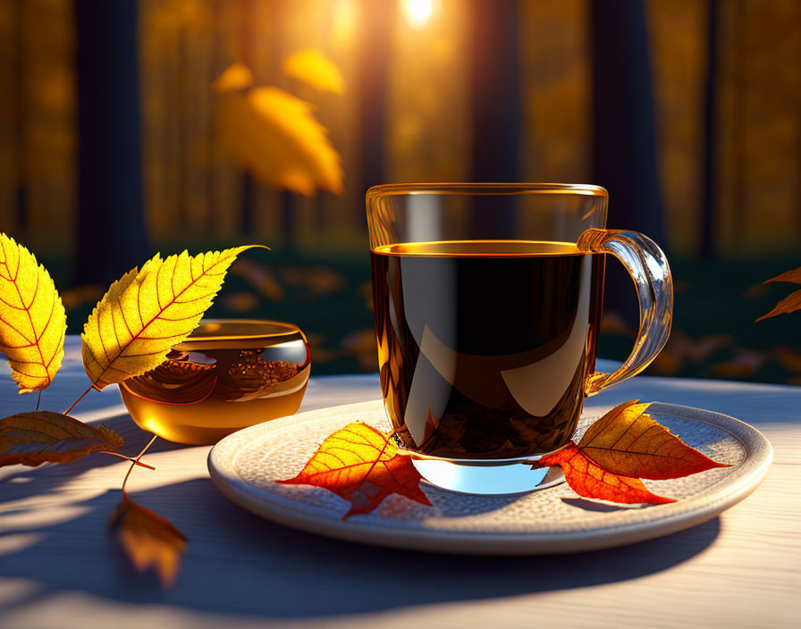 Autumn forest scene with warm tea cup and leaves on plate