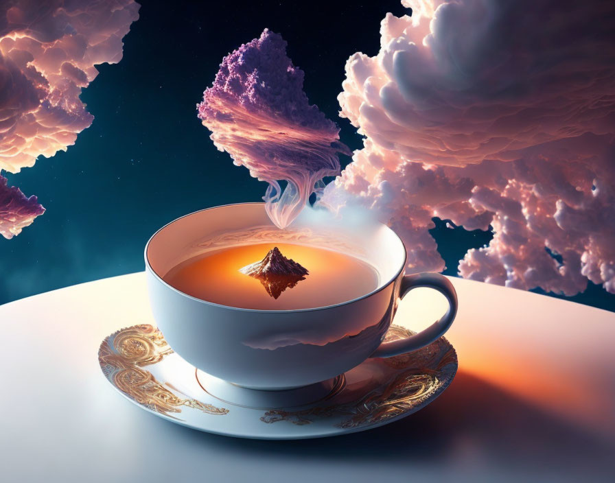 Surreal image: steaming cup of tea with boat on colorful skies