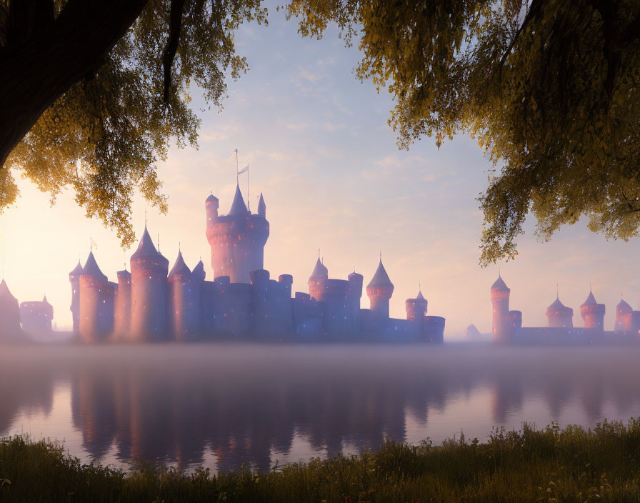 Fairytale castle with spires in misty sunrise by serene lake