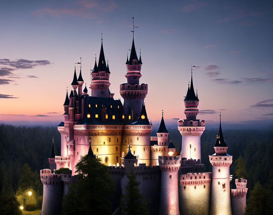 Twilight fairy tale castle with spires in lush forest