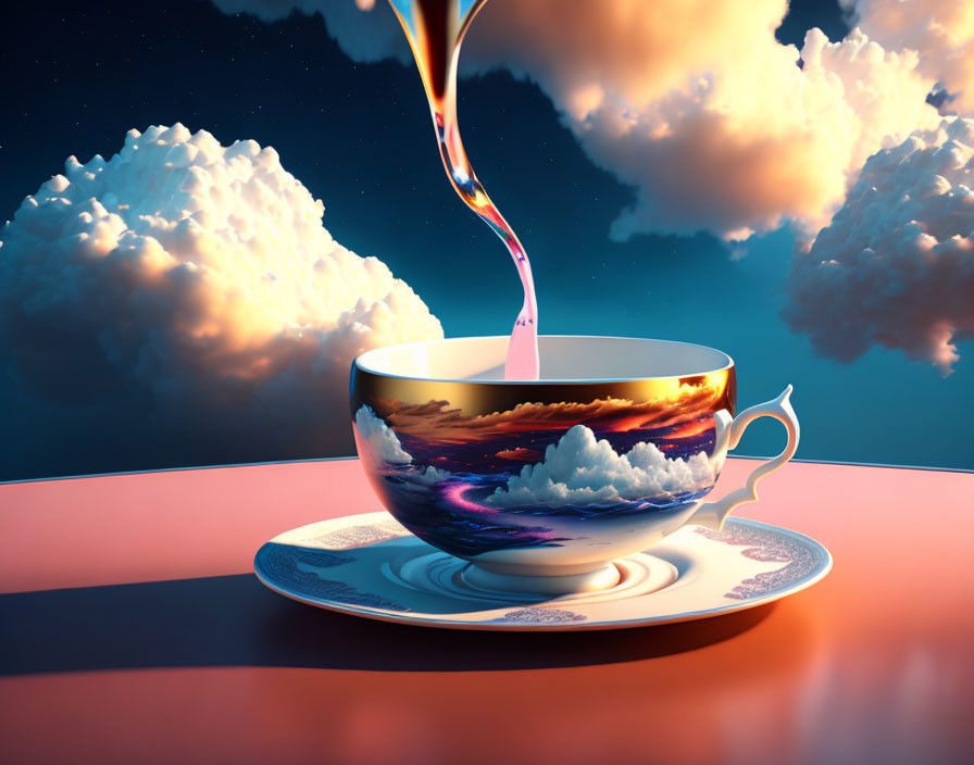 Surreal cup with landscape design on saucer under cloudy sky