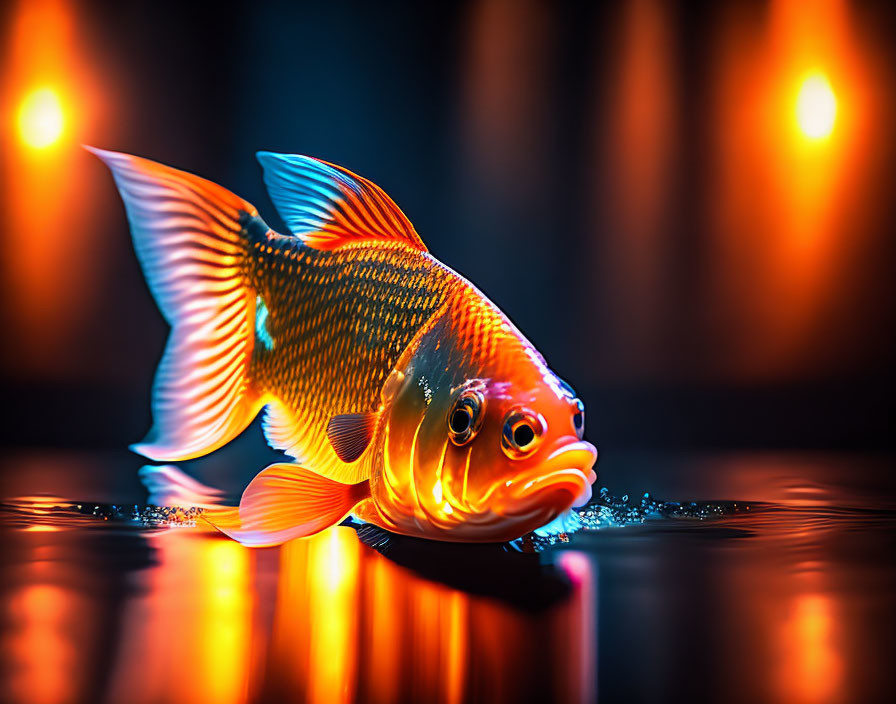 Vibrant orange goldfish with translucent fins on reflective surface