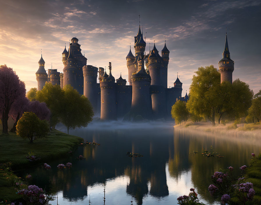 Enchanting castle by serene lake with mist at dawn or dusk