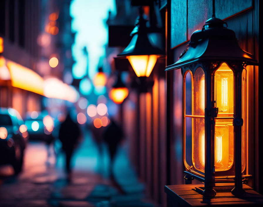 Vintage Street Lamp Illuminated Against City Street at Twilight