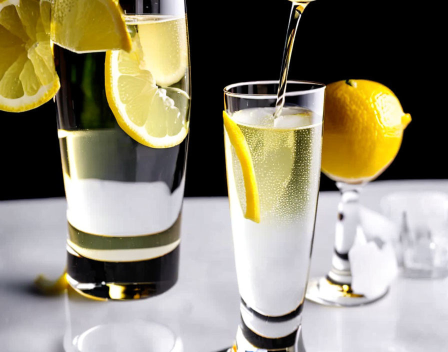 Refreshing lemon sparkling beverage with slices in tall glass on dark background