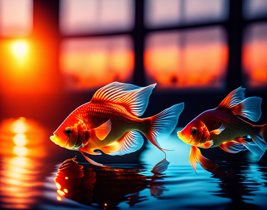 Vibrant goldfish swimming in water with sunset background.