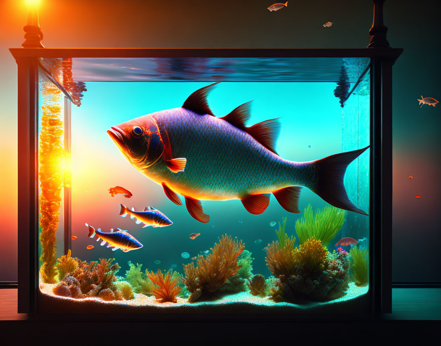 Colorful Aquarium Scene with Large Fish, Small Fish, Coral, and Sunlit Background