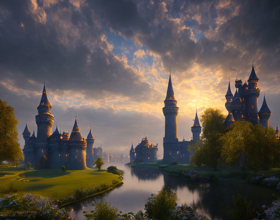 Castle with multiple spires in lush garden at sunset