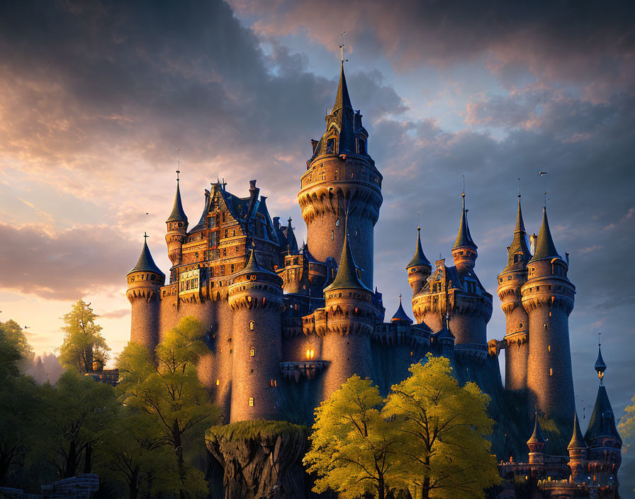 Majestic castle with multiple spires at sunset in lush landscape